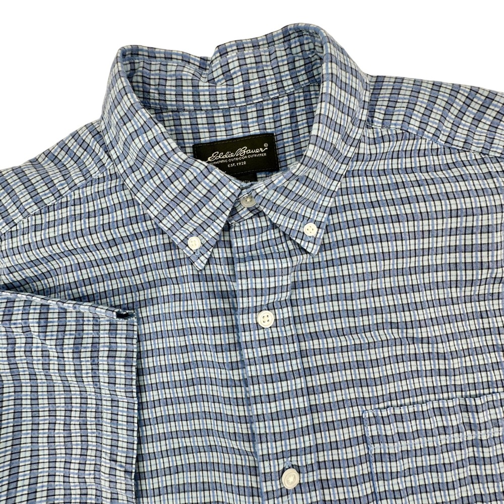 Eddie Bauer Mens Blue Plaid Seersucker Short Sleeve Button Down Shirt Size M - Picture 1 of 13